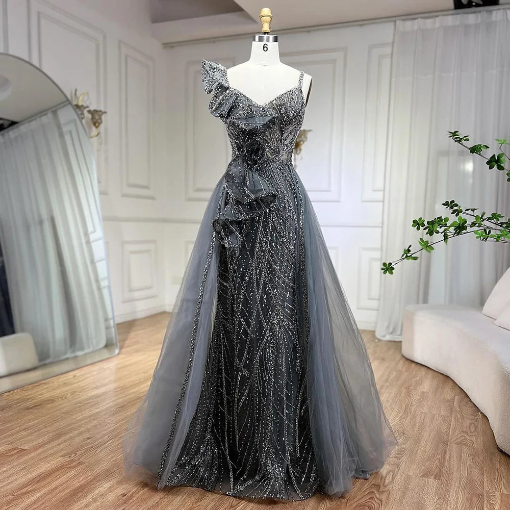 Serene Hill Golden Mermaid Evening Dress With Skirt - Women's Luxury Grey Beaded Spaghetti Strap Party 2024, LA72341