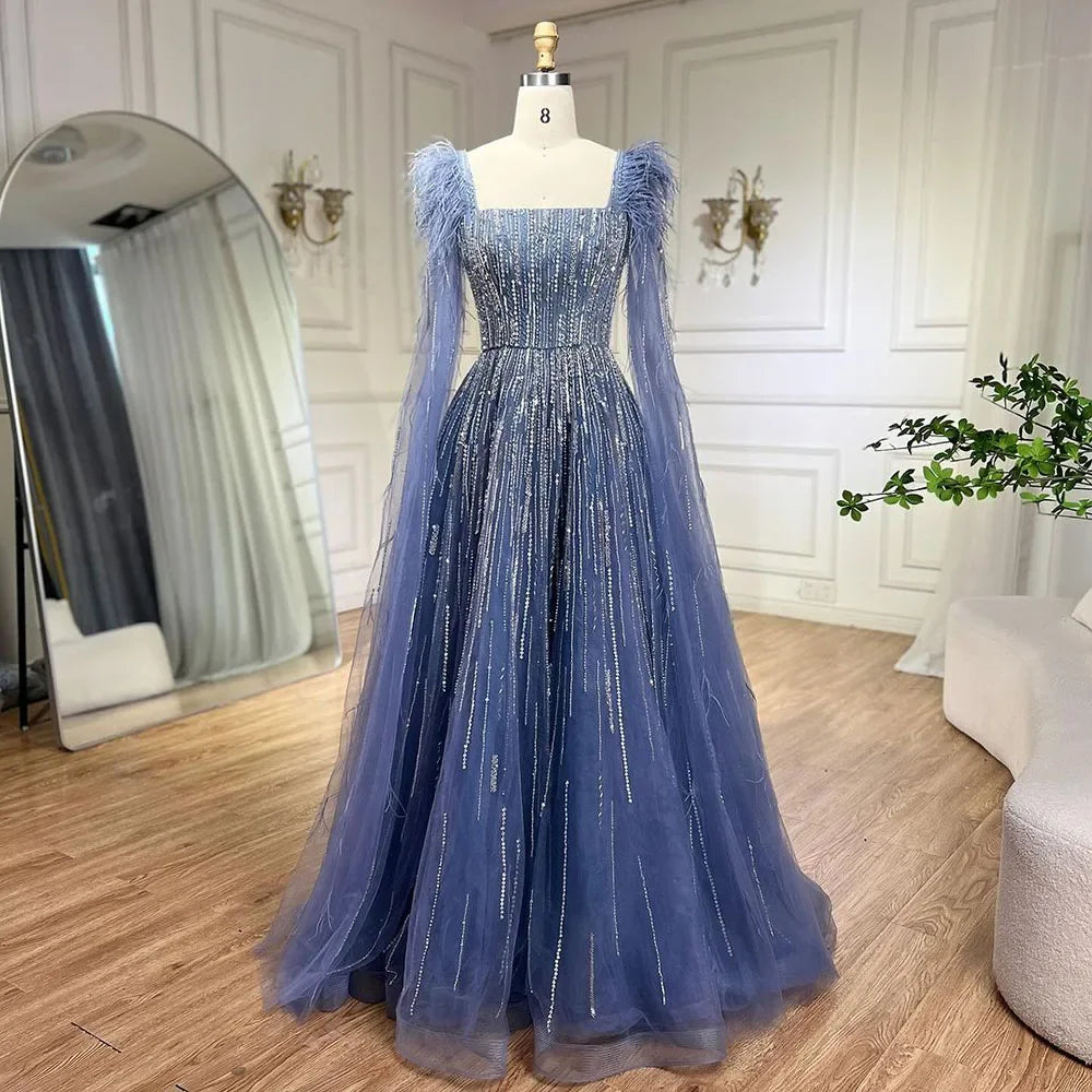 Serene Hill Luxury Dubai A Line Blue Cape Sleeves Feathers Beaded Evening Dresses Gowns 2023 For Women Wedding Party BLA72236