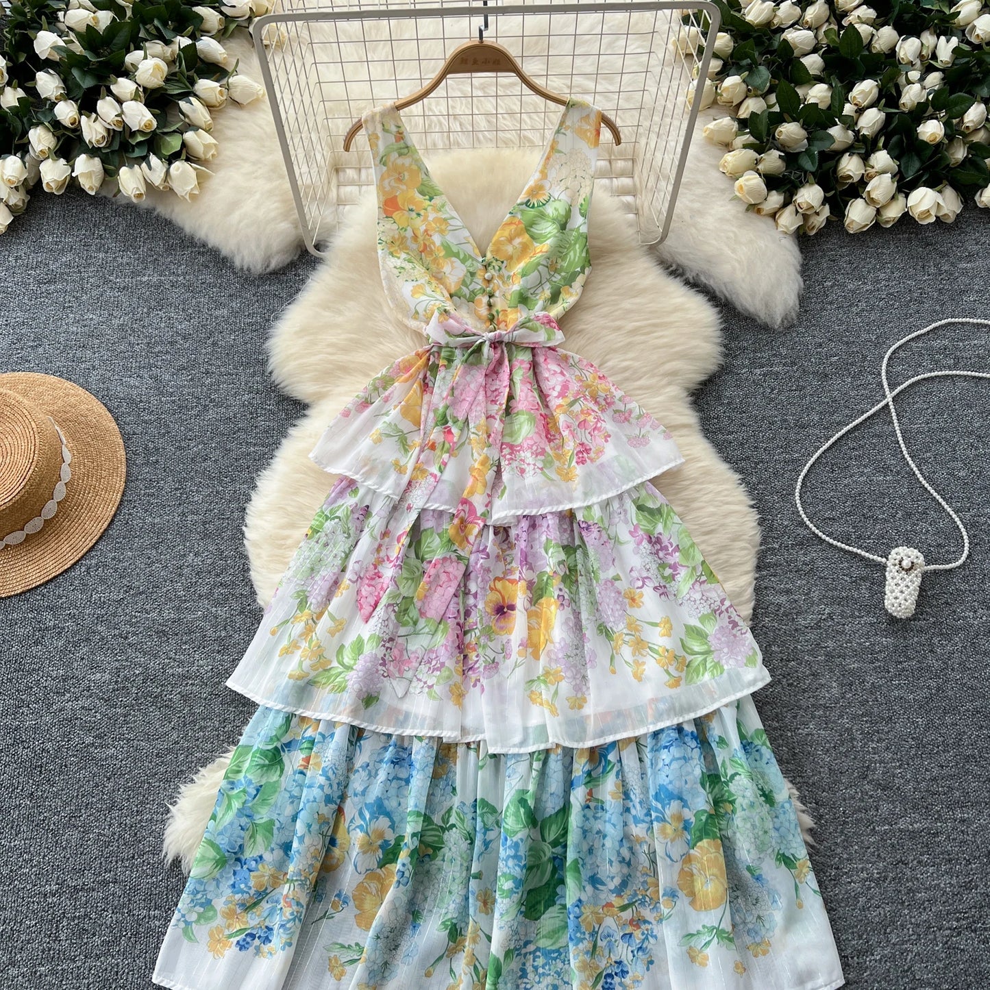 Vintage Print Elegant Sleeveless A-line Vneck Ruffle Bandage Dress Casual Women  Fashion Autumn Spring Dress