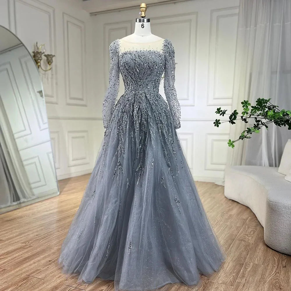 Serene Hill Muslim Pink A Line Beaded Luxury Dubai Long Evening Dresses Gowns 2024  For Woman Wedding Party LA71915