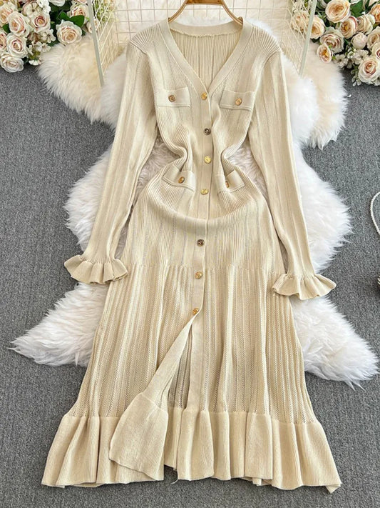 Women Vintage Mermaid Knitted Dress Elegant Casual Single Breasted Bodycon Slim Evening Dresses Female One Piece Clothes Mujers
