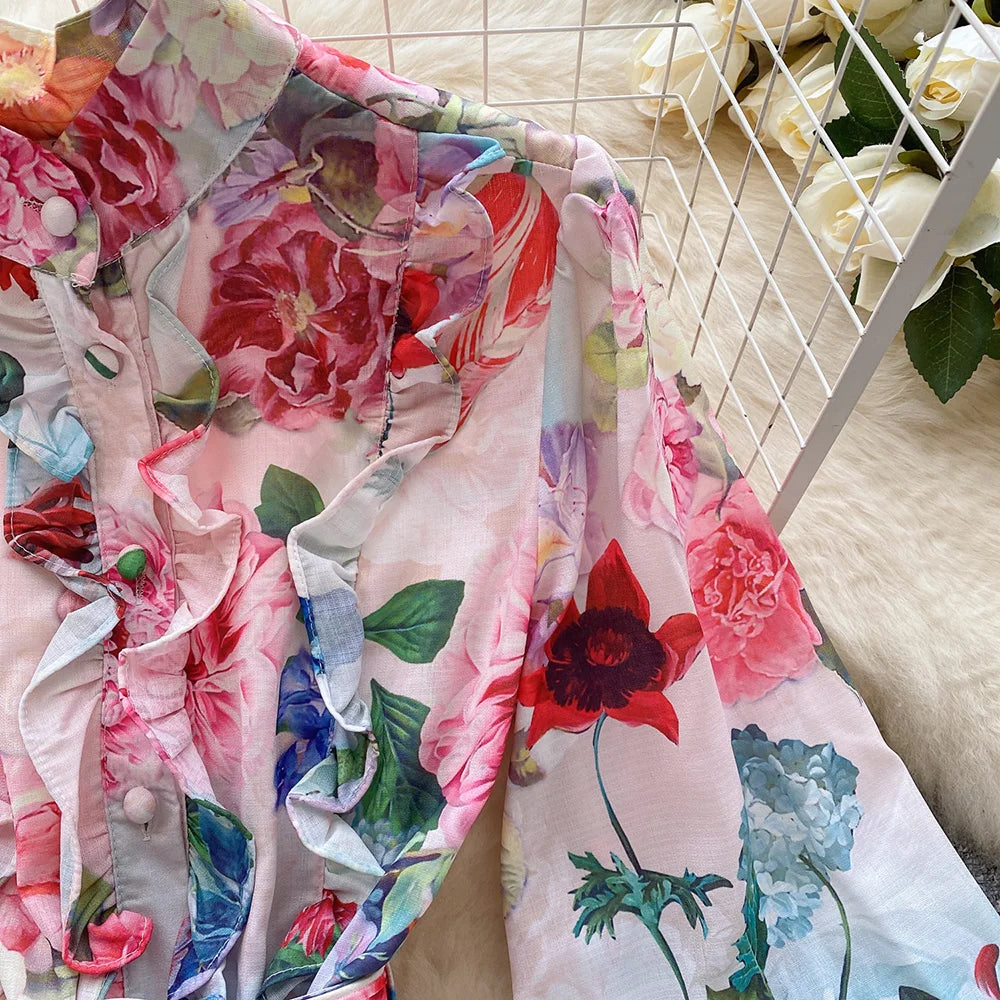 Mini Dresses For Women Frill Trim Long Sleeve Spring Vacation Dress Stand Collar Elegant Vintage Floral Print Dress With Belt