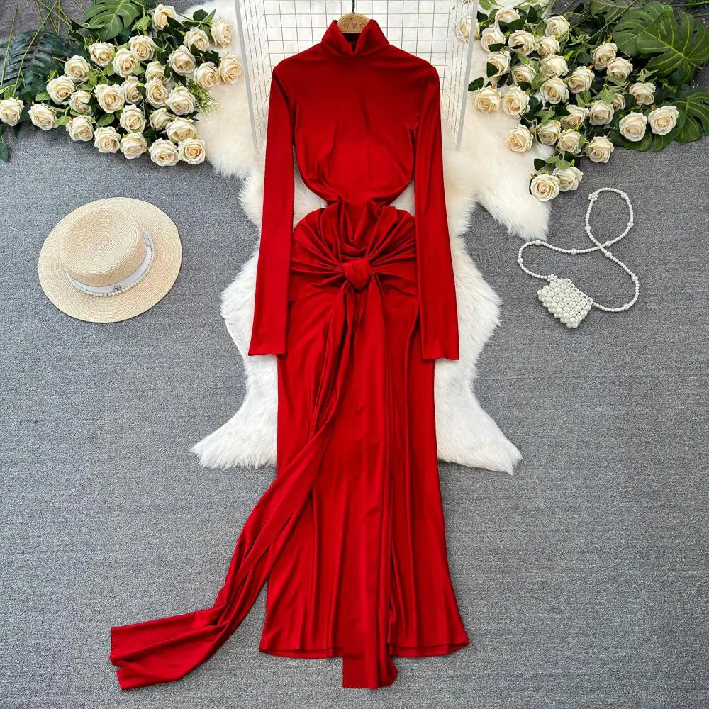 Autumn Solid Long Sleeve Party Dress for Women Sexy Bodycon Stand Collar Evening Dresses Bow Bandage Pleated Slim Waist Vestidos