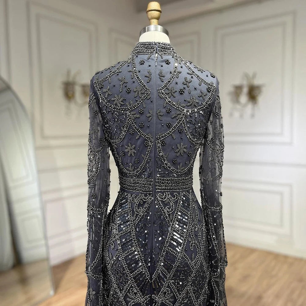 Serene Hill Muslim Grey Mermaid Elegant Nude Cape Sleeve Beaded Luxury Dubai Long Evening Dress 2024 Women's Party LA72316