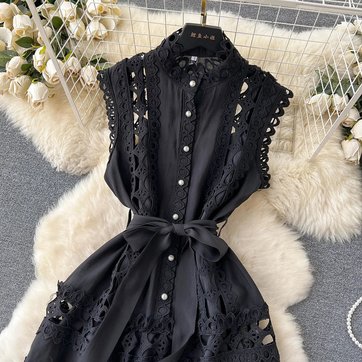 Summer Clothes Dresses For Women 2023 Elegant Vintage Embroidery Lace Dress Sleeveless Stand Neck Button Up Mini Dress With Belt