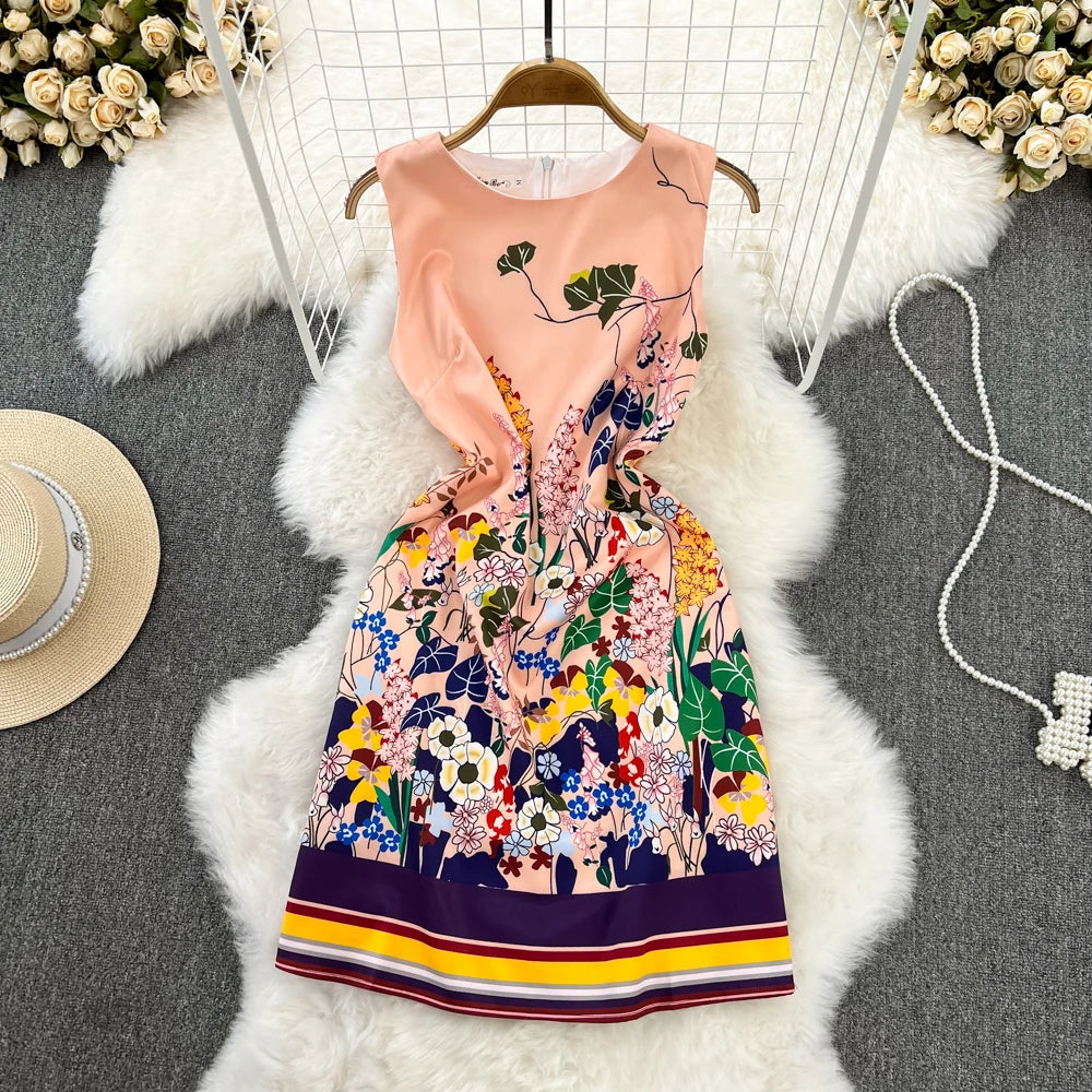 Short Dresses 2023 Fashion Women Clothing Elegant Vintage Print Party Dress Summer Sleeveless Round Neck A Line Mini Dress