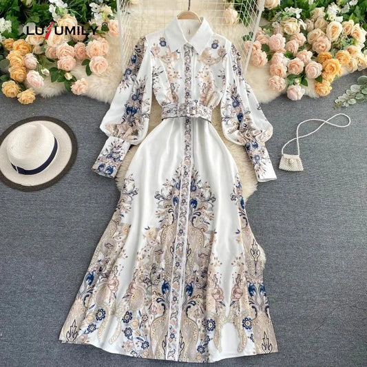 Lusumily New Arrival 2024 Vintage Dress Women Fashion Long Sleeve Flower Print Pleated Dresses Elegant Woman Midi Holiday Dress