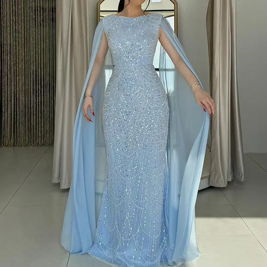Serene Hill 2024 Saudi Arabia Blue Mermaid Cape Sleeve Luxury Beaded Evening Gown for Formal Occasion LA72160A
