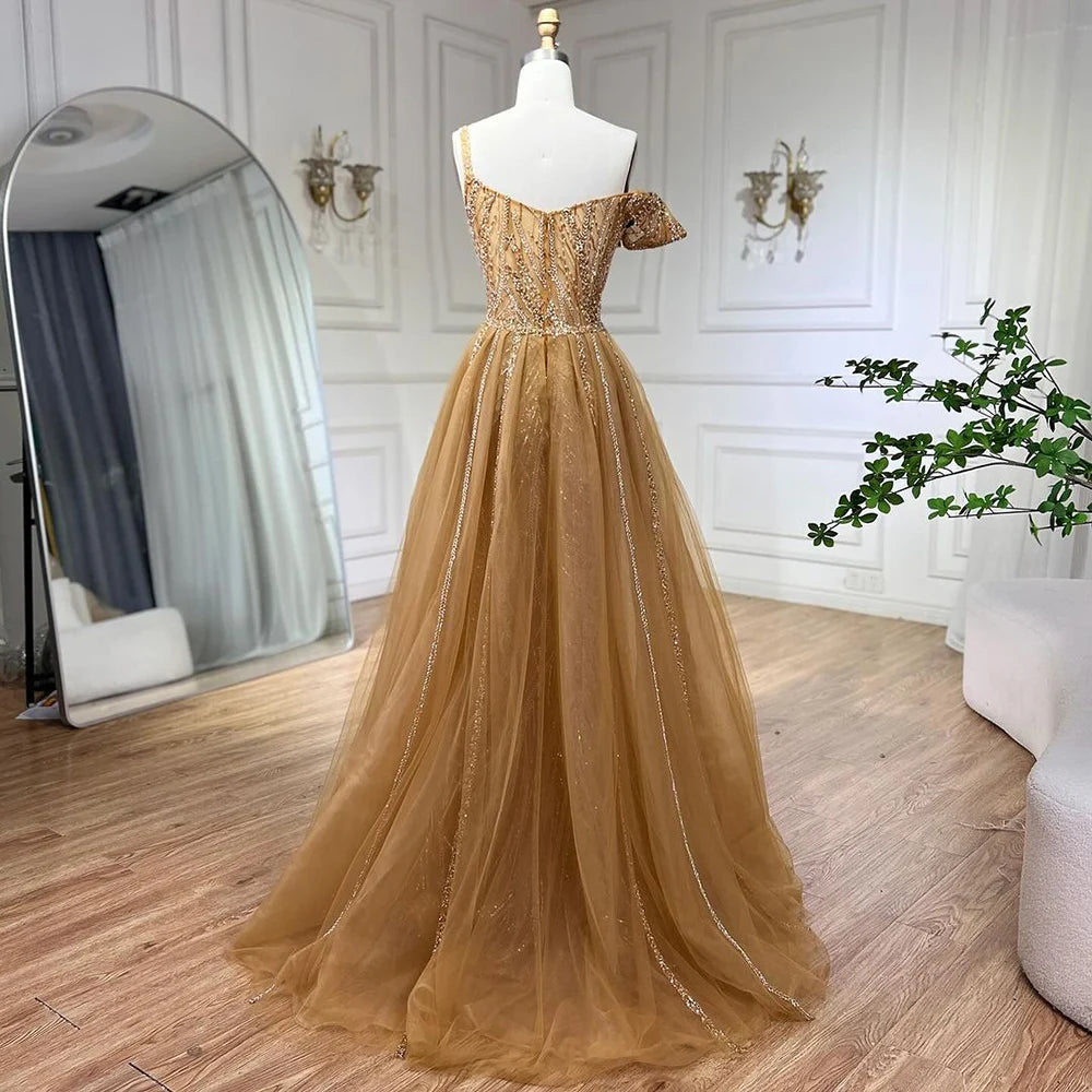 Serene Hill Golden Mermaid Evening Dress With Skirt - Women's Luxury Grey Beaded Spaghetti Strap Party 2024, LA72341