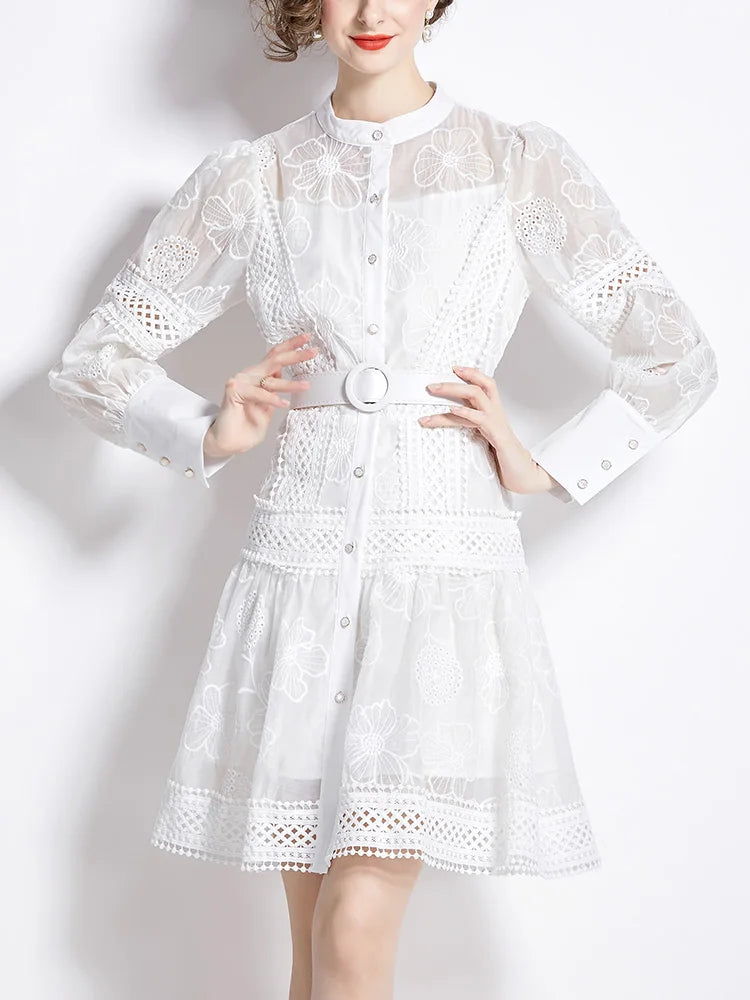Spring Dresses 2024 Crochet Trim Cutwork Embroidery Mini Holiday Dress Women Stand Collar Long Sleeve Elegant Party Dresses