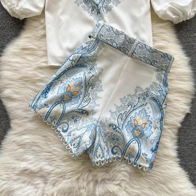 Spring Summer Retro Print Two Piece Set Women Lantern Sleeves Standing Neck Blouse Top+High Waist Wide Leg Shorts Elegant Suits