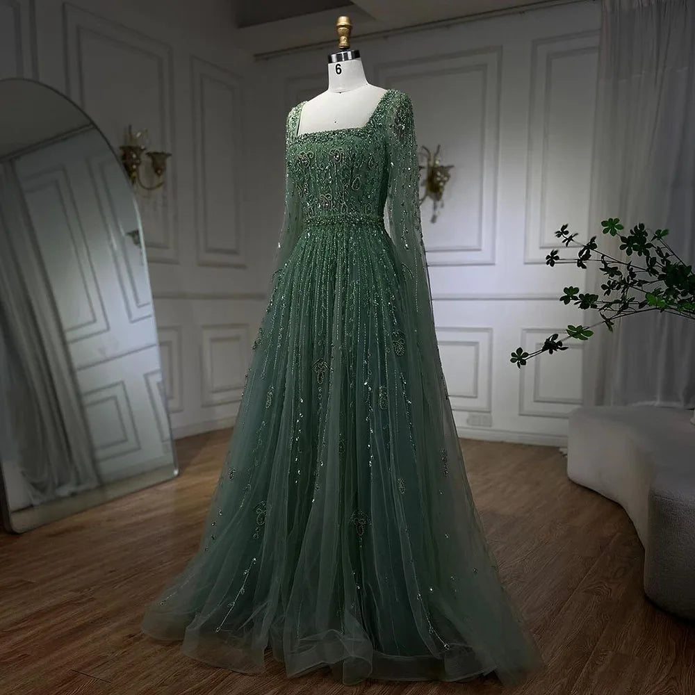 Serene Hill 2024 Muslim Pink A Line Beaded Elegant Cape Sleeve Luxury Evening Dresses Gowns For Women Wedding Party LA71803A