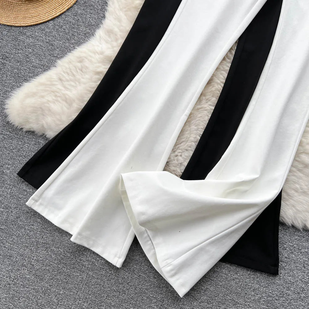 Spring Autumn Retro Flare Pants Women Casual High Waist Draping Slim Wide Leg Bottom Long Pants Korean White Black Trousers