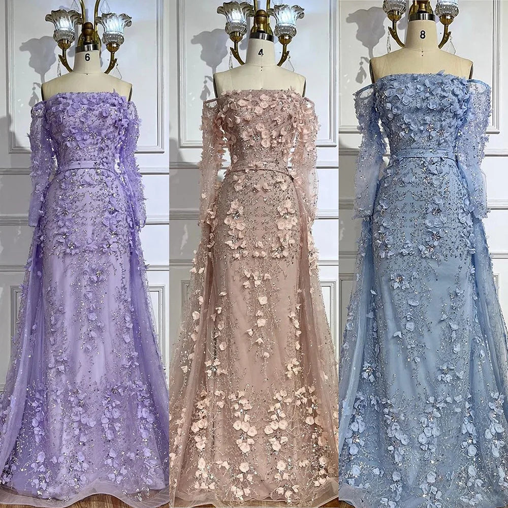 Serene Hill 2024 Pink Strapless Back Lace-Up Mermaid Evening Gown with Overskirt and Appliques for Women | Wedding Party LA72641