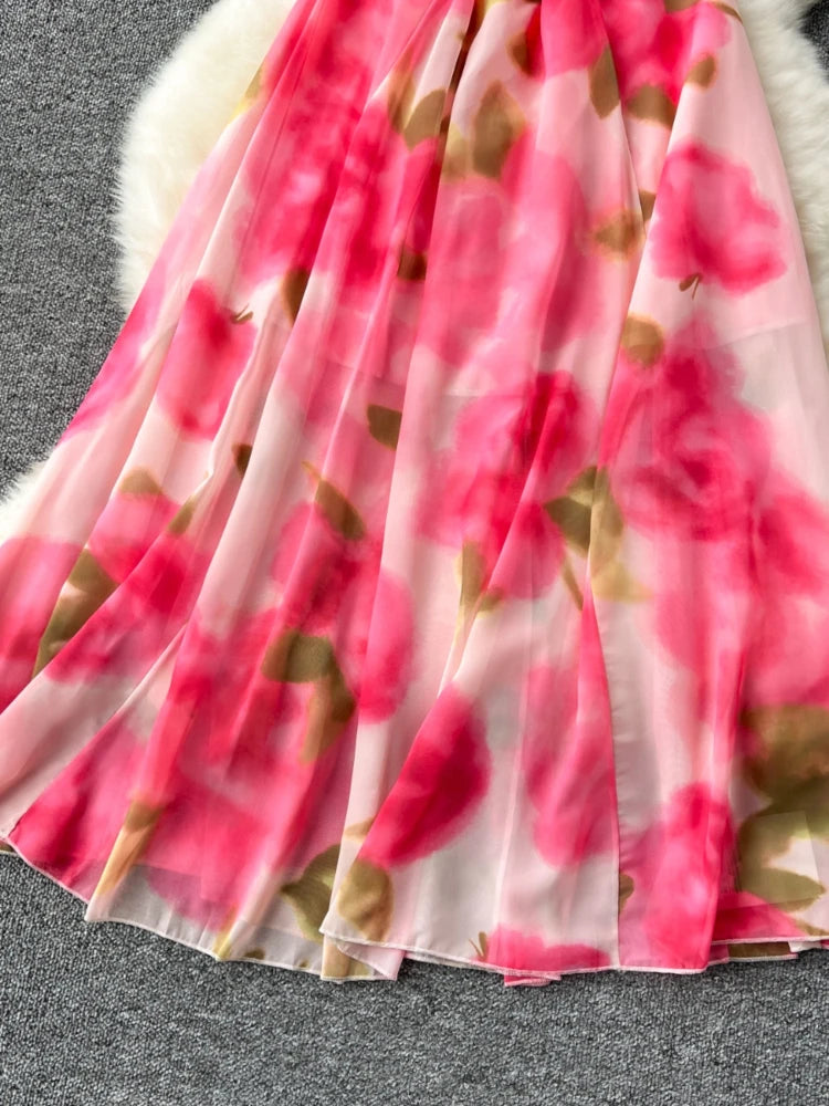 French Elegant Beach Dress Women Rose Print High Waist Chiffon Dresses Ladies Sleeveless Slim A-line Boho Long Robe Vestidos
