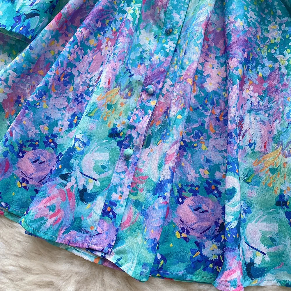 Mini Dresses For Women Frill Trim Long Sleeve Spring Vacation Dress Stand Collar Elegant Vintage Floral Print Dress With Belt