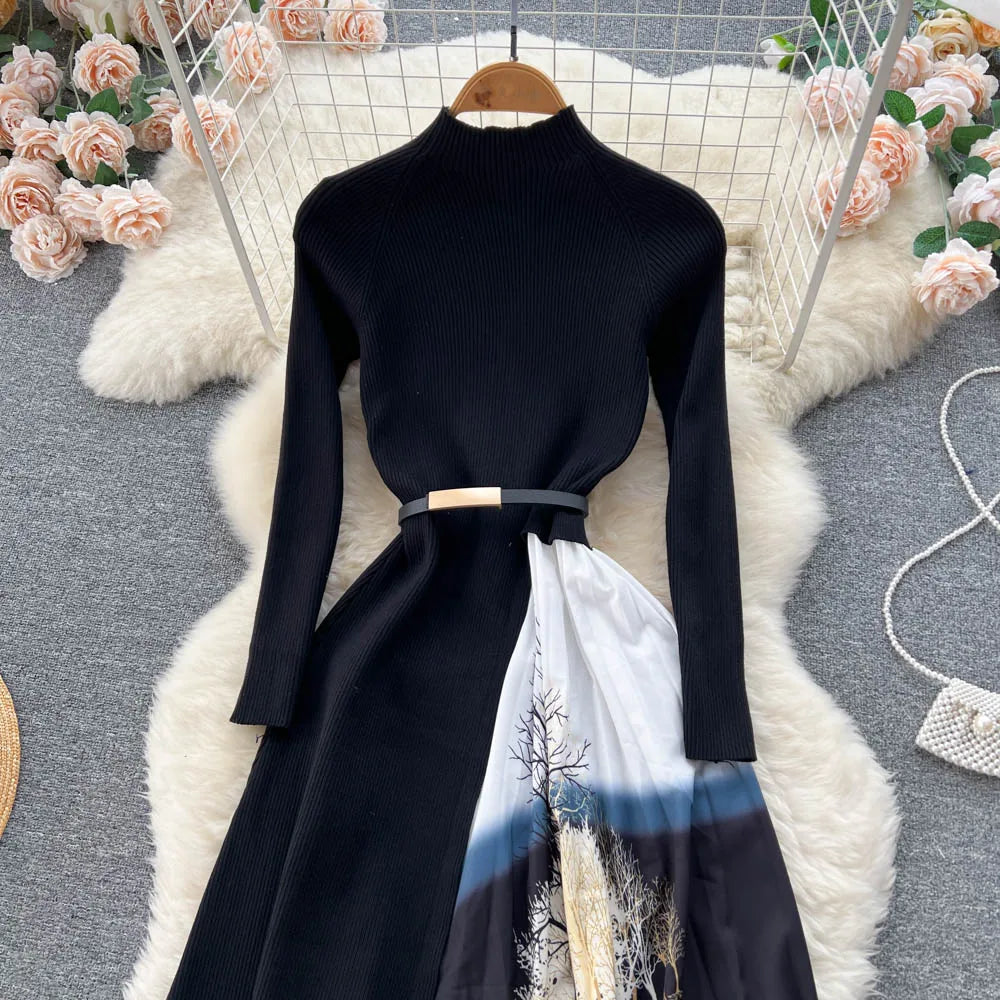 Elegant Chic Print Patchwork Knit Dress French Long Sleeve Party A-line Vestidos High Waist Basic Slim Women Autumn Winter Dress