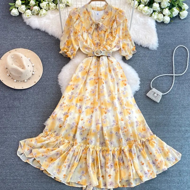 Summer Women Fashion Floral Print Casual Midi Dress Short Sleeve A-Line Maxi Boho Holiday Clothes Female Long Robe Mujers New