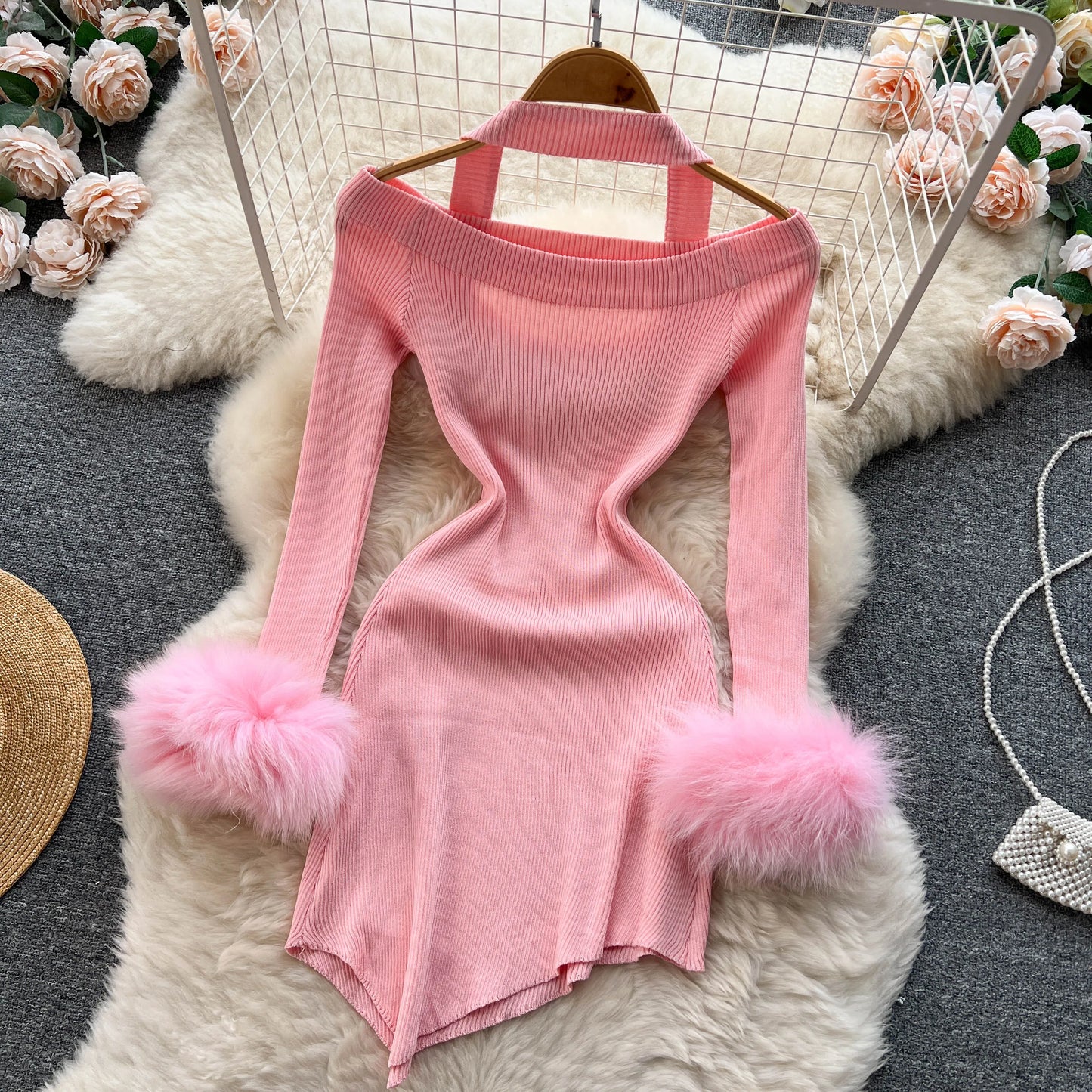 Chic Sexy Halter Bandage Irregular Bodycon Dress Fluffy Long Sleeve Knit Birthday Dress Autumn Winter Pencil Sweater Vestidos