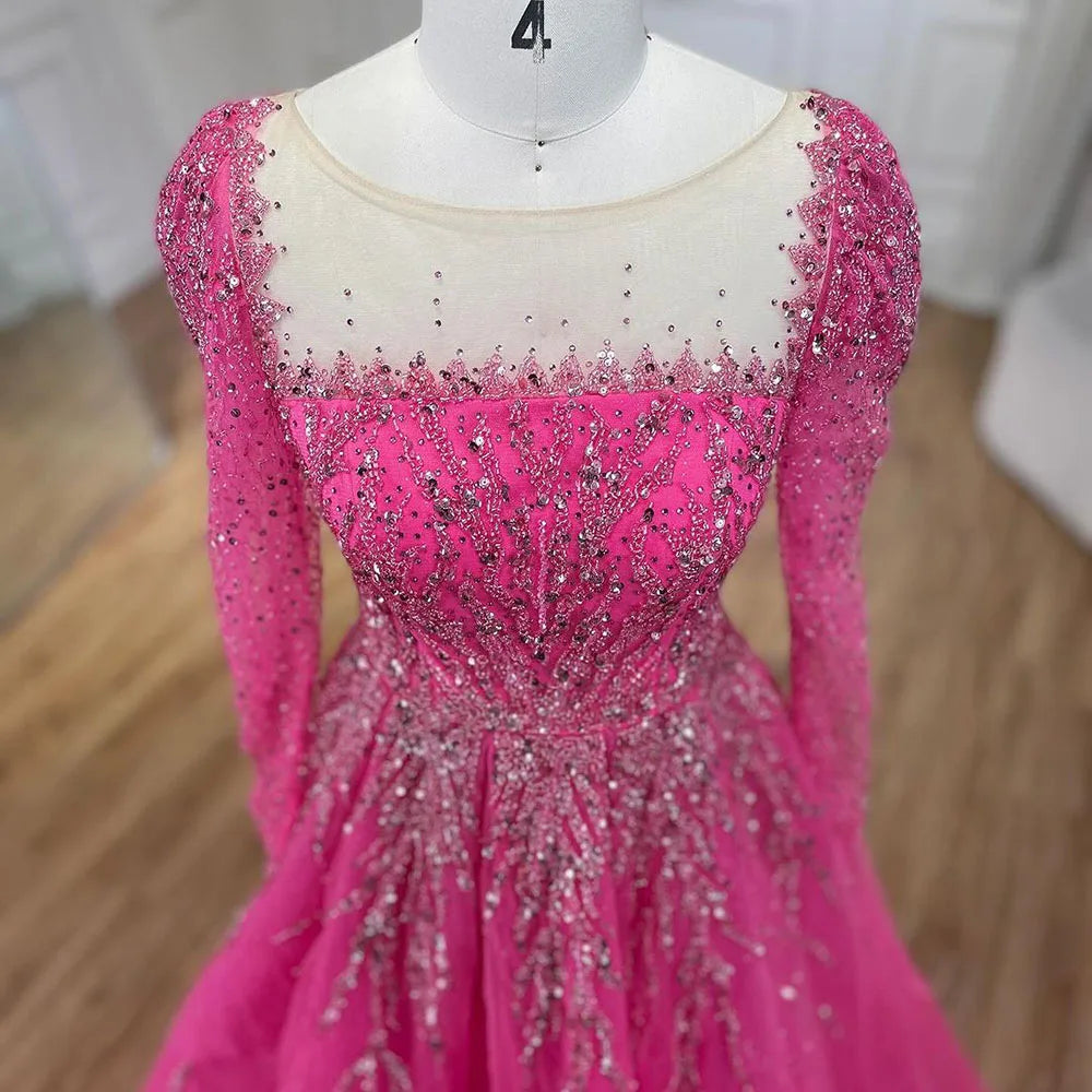 Serene Hill Muslim Pink A Line Beaded Luxury Dubai Long Evening Dresses Gowns 2024  For Woman Wedding Party LA71915