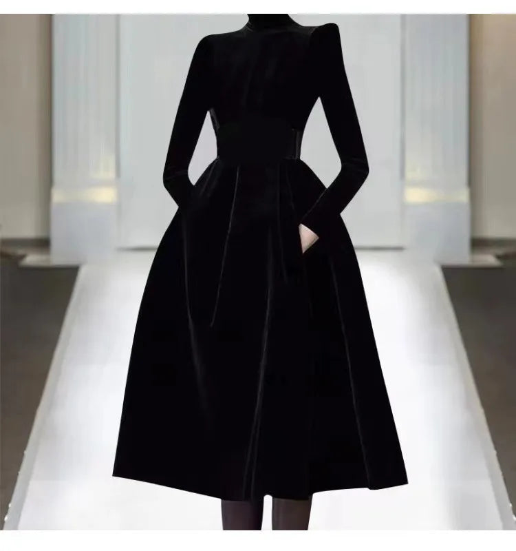 Autumn New Black Velvet Dress for Women Retro Stylish Waist Closing and Slim Hepburn Style Annual Meeting Dresses