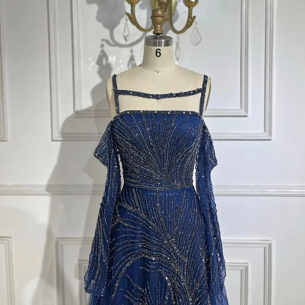 Serene Hill Arabic Navy Blue Spaghetti Strap Mermaid Beaded A-Line Elegant Long Evening Dress for Women Party 2024 LA72469