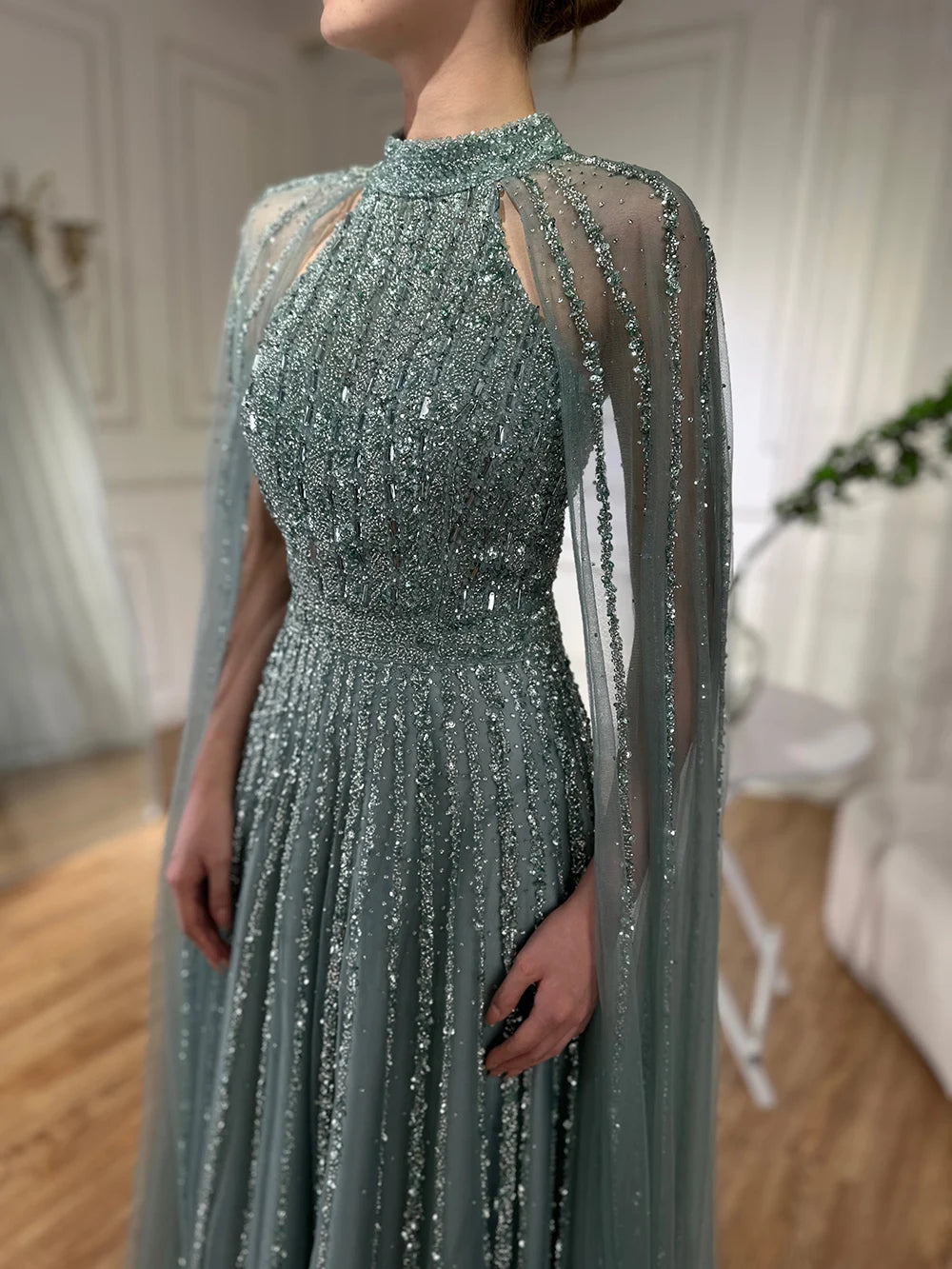 Serene Hill 2024 Arabic Caramel A Line Cape Sleeve Beaded Luxury Saudi Evening Dresses Gowns For Formal Occasion LA72306B