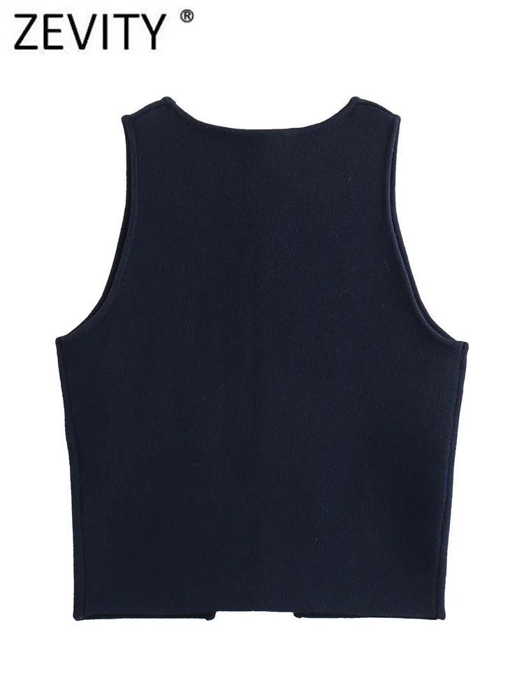 Zevity Women Fashion Sleeveless Buttons Hem Split Knitting Short Blouse Female Basic Slim Shirts Blusas Chic Crop Tops LS6236