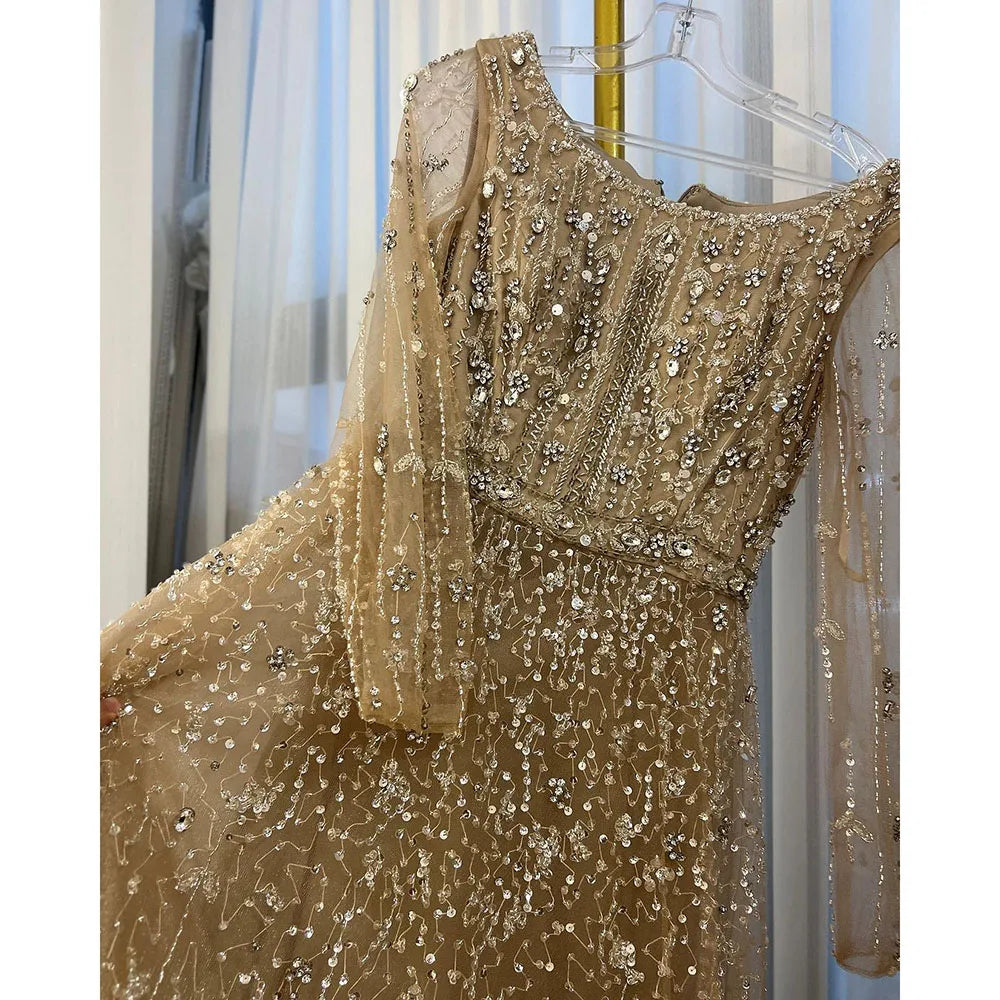 Dubai Arabic Designer Luxury Nude A Line Beaded Evening Dresses Gowns For Women Wedding Party 2023 BLA72088 Serene Hill