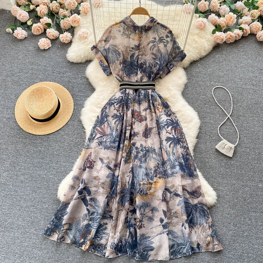 2022 Women Vintage Party Dress Summer French Elegant Print Dress Ladies High Waist Retro Single Breasted Belt Casual Long Dress