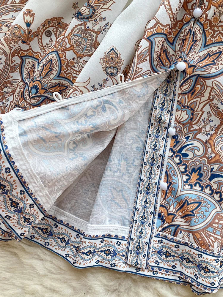 Holiday Dress For Women 2024 Bohemian Vintage Paisley Print Dress Spring 3/4 Sleeve V Neck Elegant Party Short Dresses With Belt