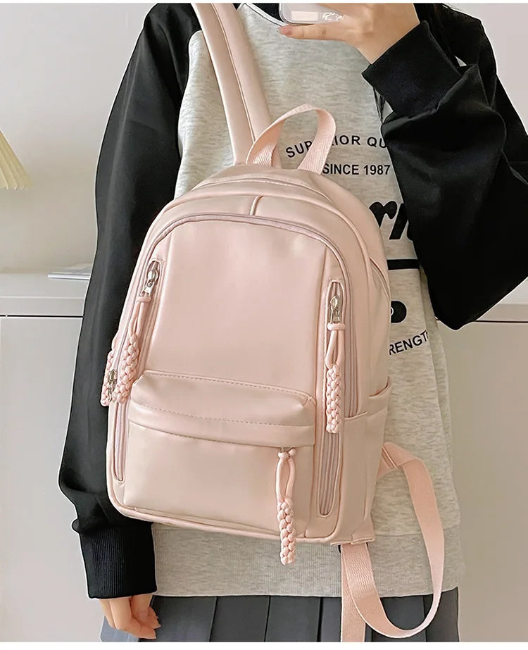Korean Fashion College Student School Bags Women's New Trendy Casual Glossy Leather Backpacks Versatile Large Capacity Handbags
