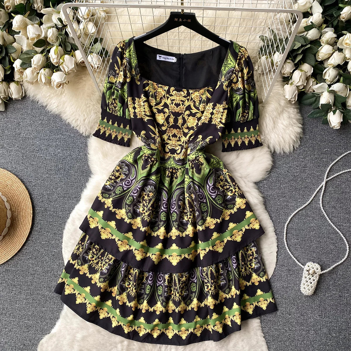 Elegant Party Dresses For Women 2023 Fashion Clothes Vintage Print Mini Dress Square Neck Short Sleeve Tiered Hem Summer Dress