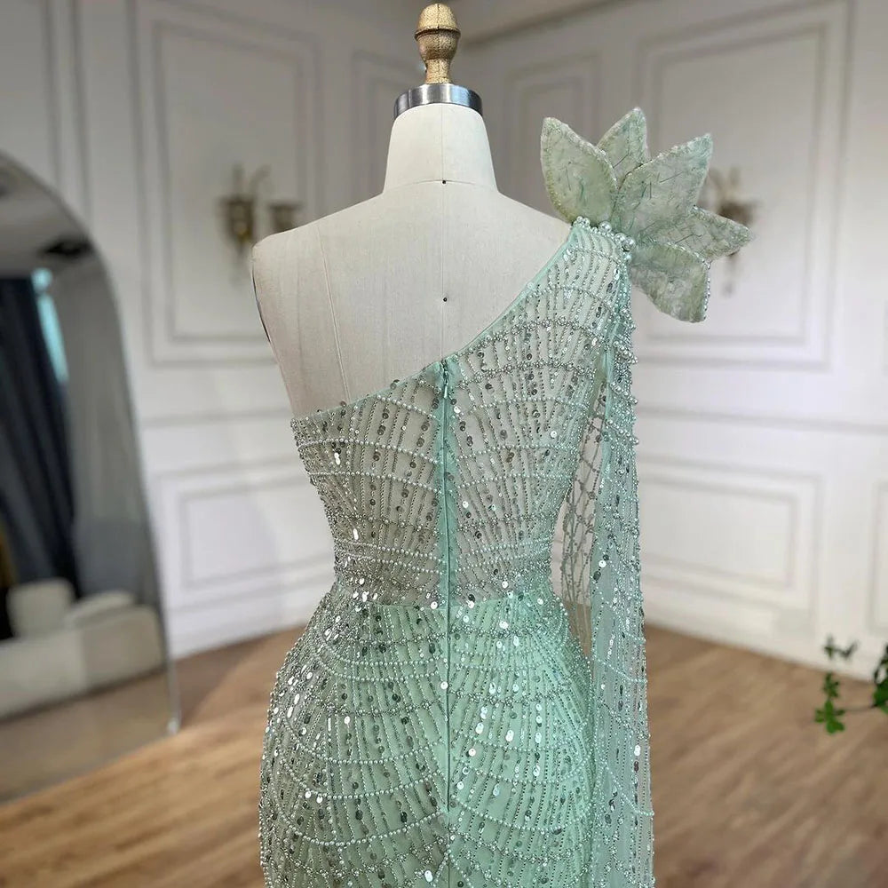 Serene Hill Sage Green Mermaid One Shoulder Pearls Luxury Dubai Arabic Evening Dresses Gowns For Women Wedding Party LA72511