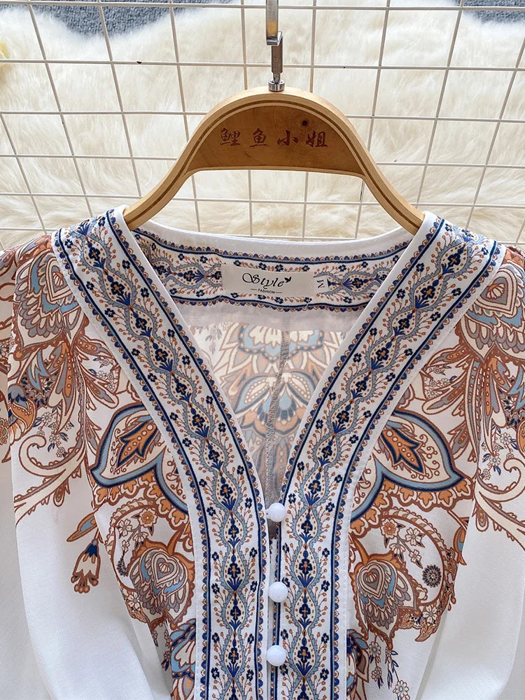 Holiday Dress For Women 2024 Bohemian Vintage Paisley Print Dress Spring 3/4 Sleeve V Neck Elegant Party Short Dresses With Belt