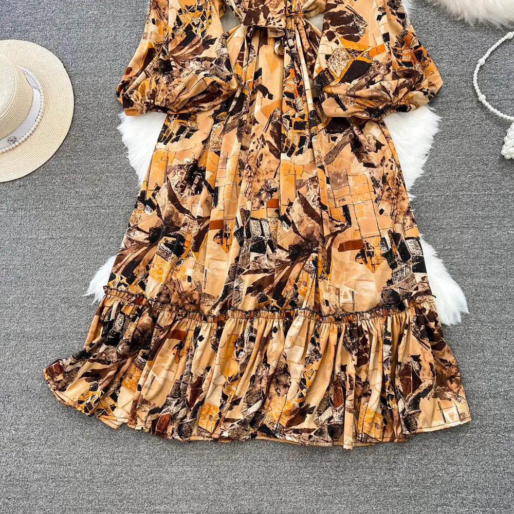 Elegant Casual A-Line Vintage Ruffle Print Long Dress Autumn Lantern Sleeve Party Boho Dresses Beach Holiday Female Vestidos