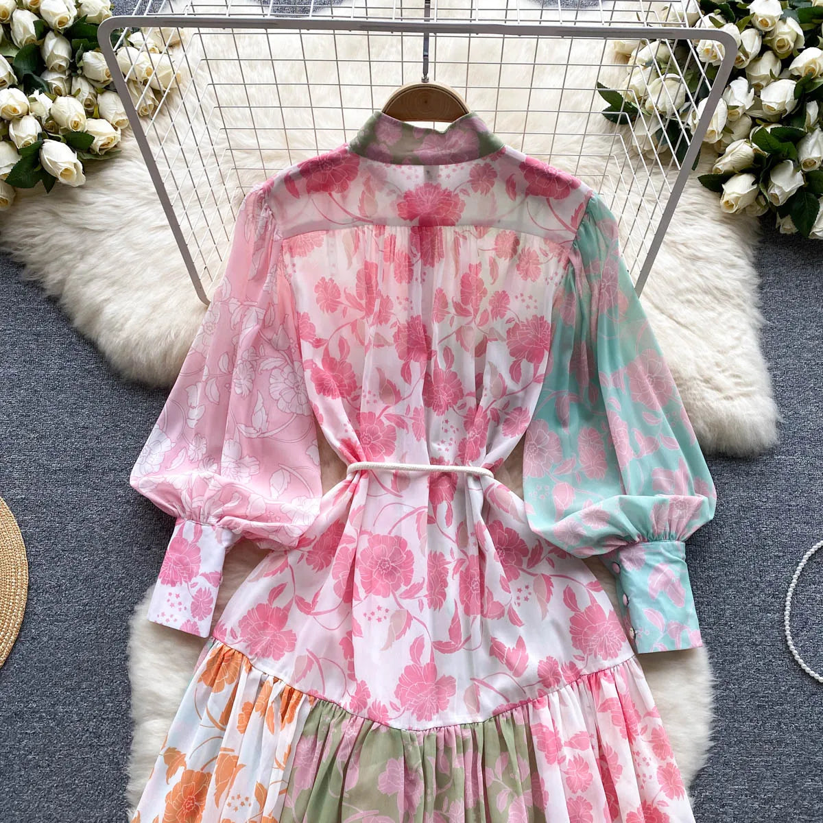 Chic Print Pleated Elegant Lantern Sleeve Dress A-line Casual Lace Up Vacation Party Dress Women Fashion Autumn Spring Vestidos