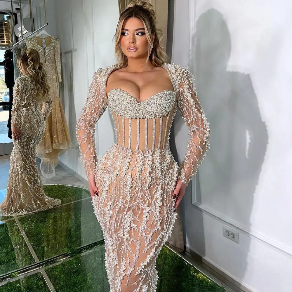 Serene Hill Dubai Luxury Pearls Beaded Nude Elegant Arabic Mermaid Evening Dress for Women - Wedding Party 2024 LA72361