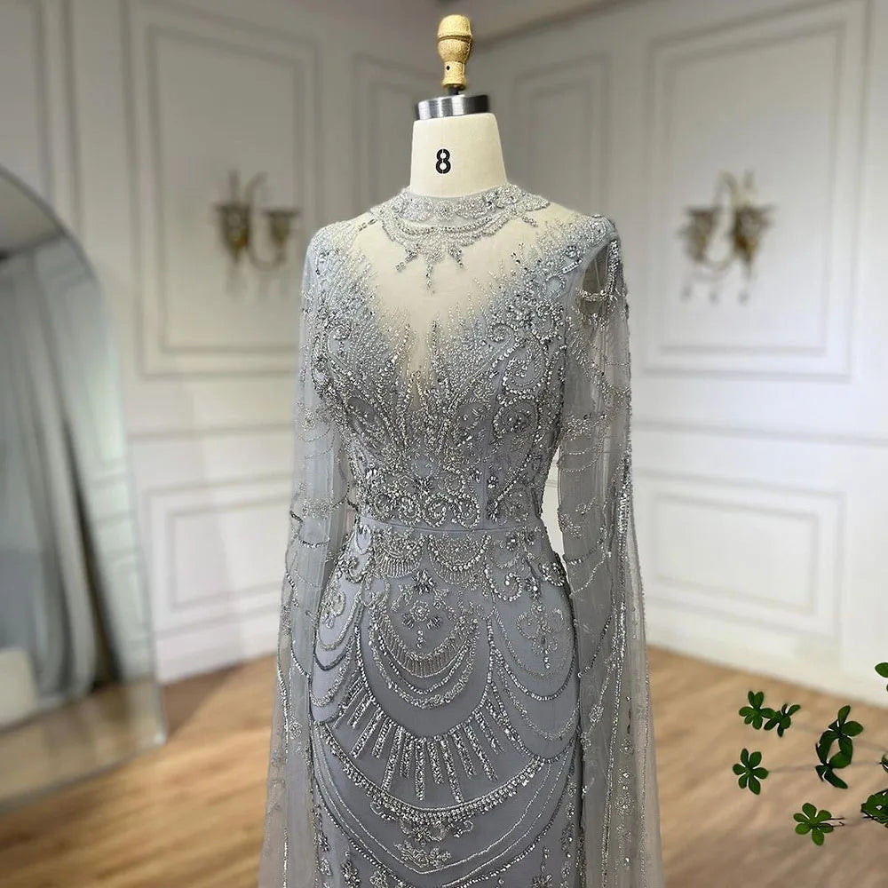 Serene Hill Dubai Gray Elegant Mermaid Beaded Lace Arabic Luxury Evening Dresses Gowns 2024 for Women Wedding Party LA72517
