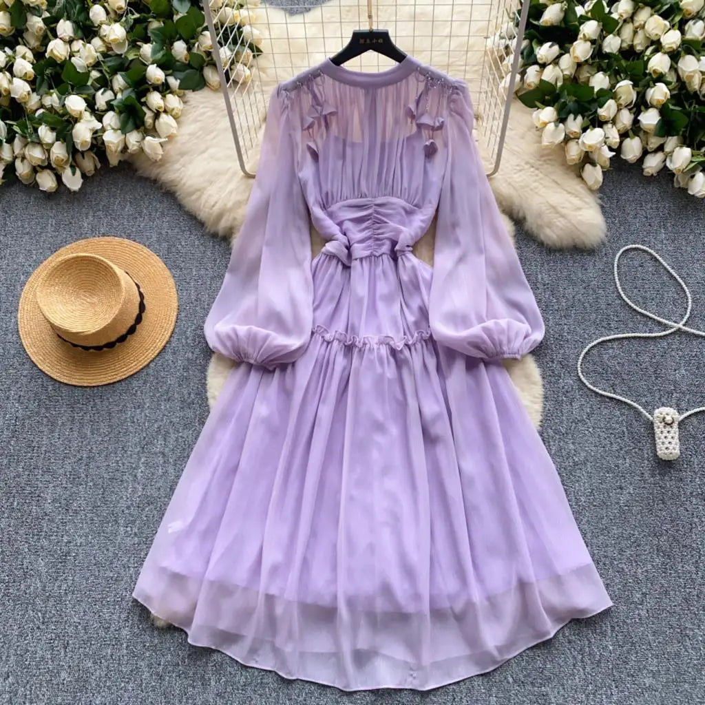 Elegant Tassel Beaded Lantern Sleeve Midi Dress Women French Stand Collar Slim A-Line Pleated Female One Piece Casual Mujer New