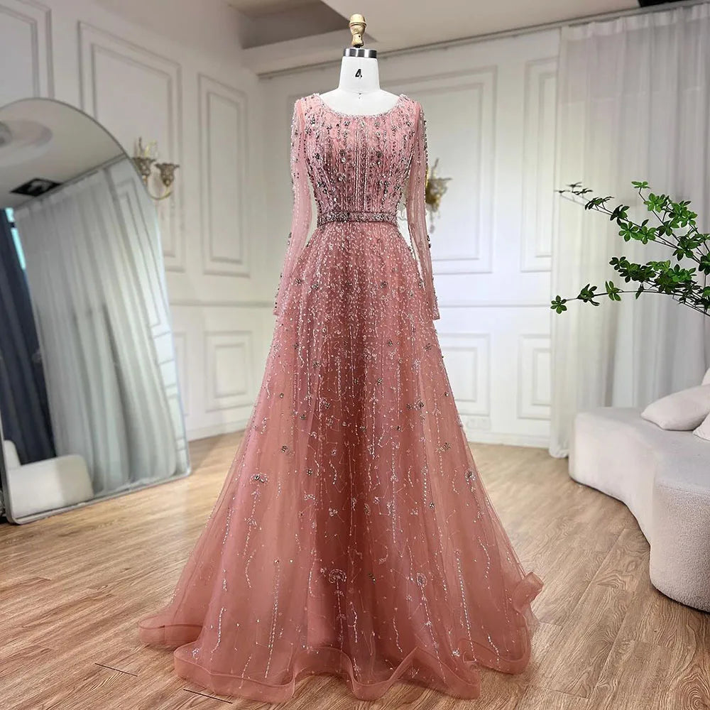 Dubai Arabic Designer Luxury Nude A Line Beaded Evening Dresses Gowns For Women Wedding Party 2023 BLA72088 Serene Hill