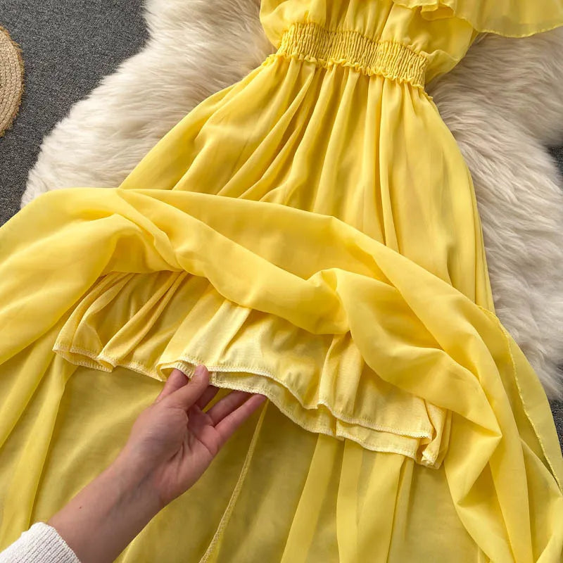 Women Chiffon Beach Dress Sexy Double Layer Ruffled Off The Shoulder Boho Dresses Ladies Sweet Slash Neck Long Dress