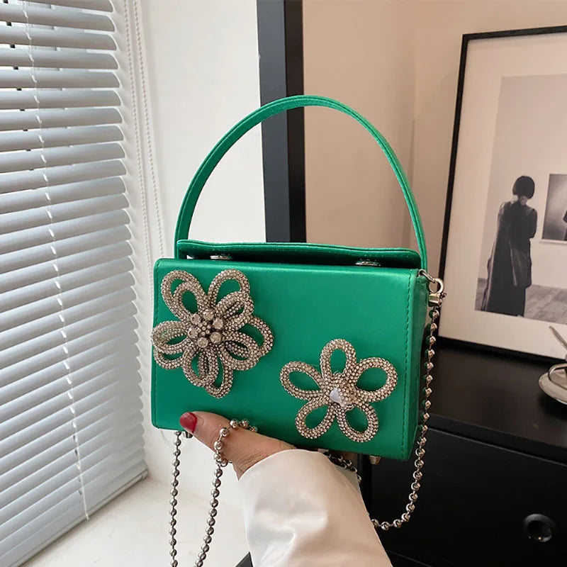 Light Luxury High-Grade Women Chain Crossbody Bag Korean Design Sense Diamond Flower New Pop Handbag Fashion Box Mini Square Bag
