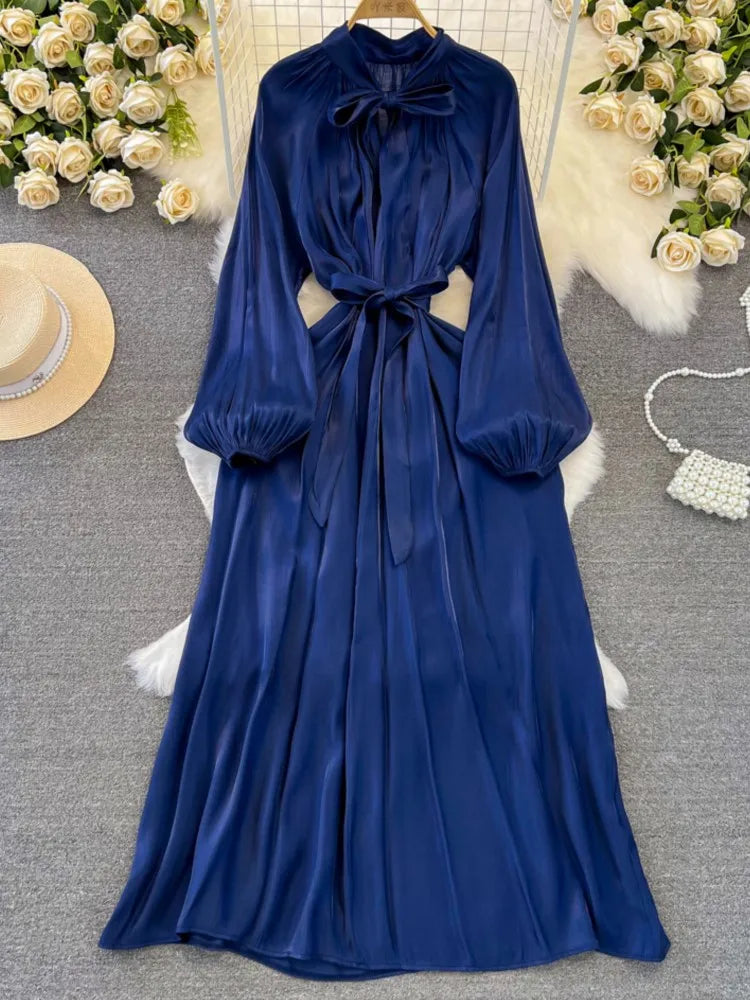 Autumn Elegant Women Fashion Party Long Dress Bow Lace Up Long Sleeve Evening Dresses A-Line Casual Vestidos One Piece Prom Robe
