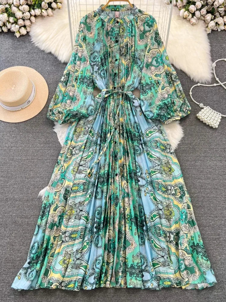 Elegant Women Casual Floral Print Party Dress Vintage Lantern Sleeve A-Line Pleated Prom Birthday Clothes Female Fashion Robe