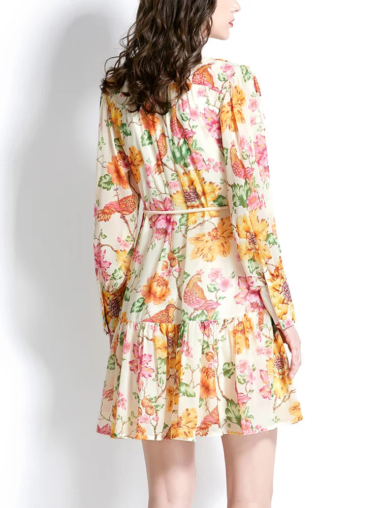 Spring Vacation Dresses For Women Long Sleeve Vintage Floral Print Dress Stand Collar Ruffle Hem Chiffon Mini Dress Tie Belt