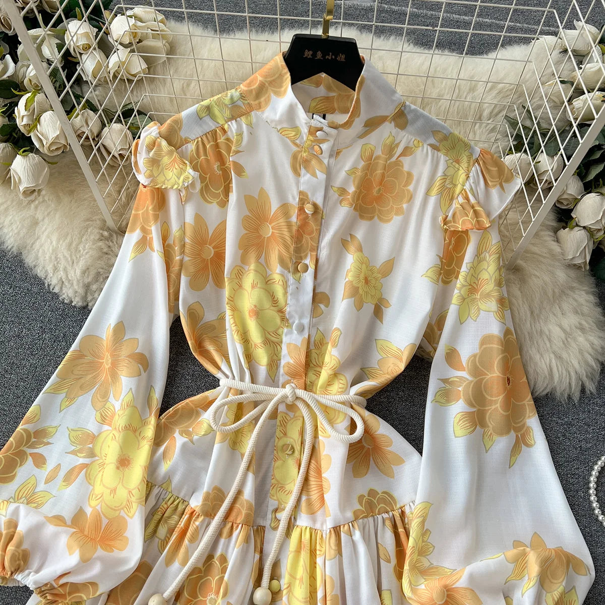 Spring Summer Holiday Dresses For Women 2023 Elegant Vintage Flower Print Dress Ruffle Trim Long Sleeve Mini Dress With Belt