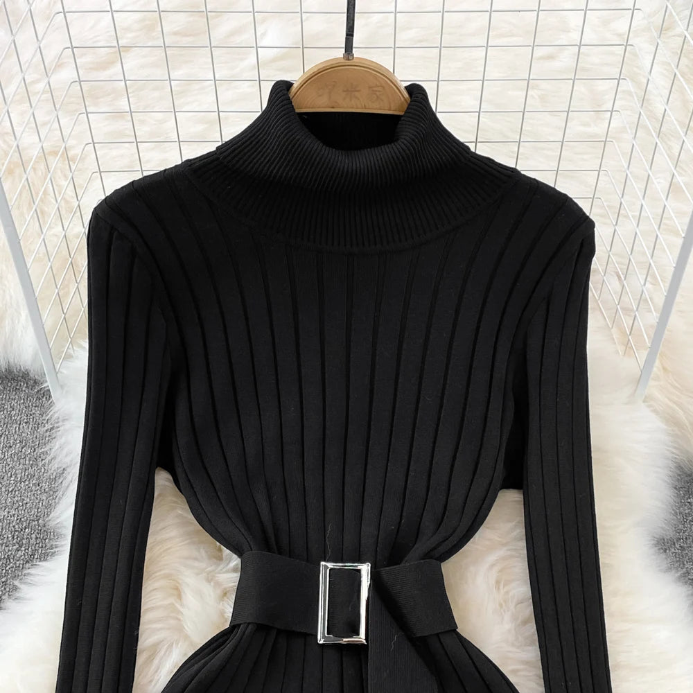 Chic Elegant Turtleneck Long Sleeve Bodycon Dress with Belt Sexy Fashion Knit Vestido Slim Autumn Winter Pencil Sweater Robe