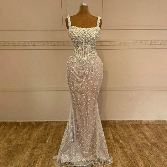 SERENE HILL 2024 White Nude Spaghetti Strap Mermaid Beaded Evening Dresses Luxury Pearls Gowns For Women Wedding Party GLA72266