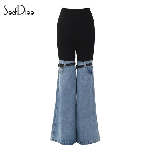 Soefidoo Contrast Color Patchwork Fashion Flare Denim Pants Chic Belt Decoration Leg for Women Clothes 2023 Casual Streetwear